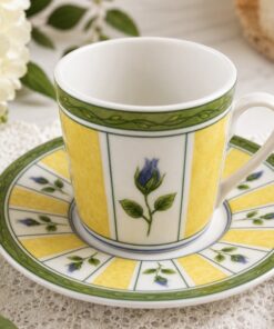 Set of 4 Vintage Yellow & Green Floral Espresso Cups & Saucers