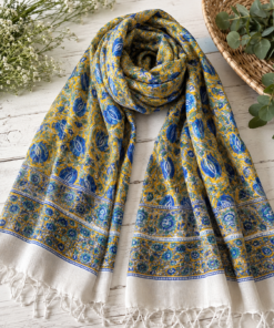 Boho Blue & Golden Floral Fringe Wrap Scarf
