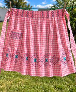 Vintage Pink Gingham Embroidered Half Apron