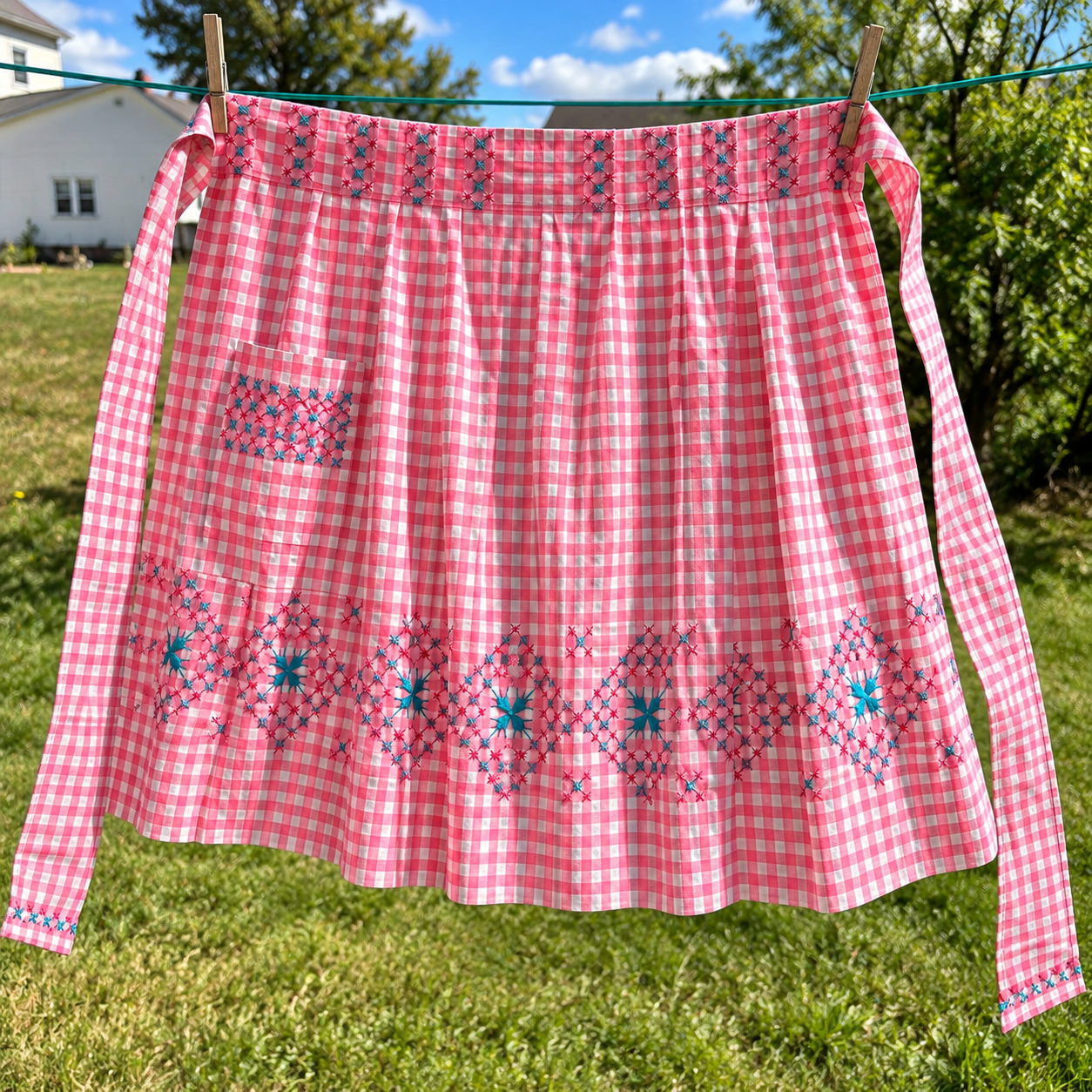 Vintage Pink Gingham Embroidered Half Apron