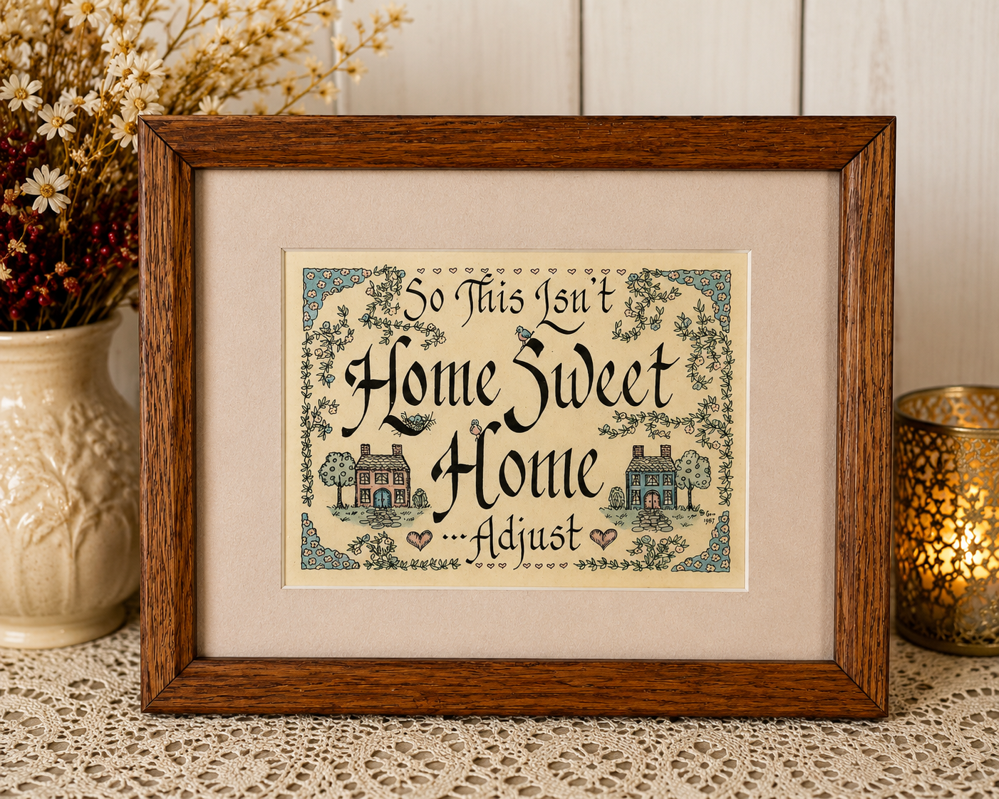 Vintage 1987 “Home Sweet Home…Adjust” Framed Art