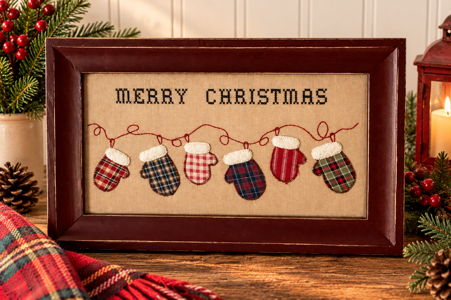 Merry Christmas Plaid Mitten Framed Textile Art