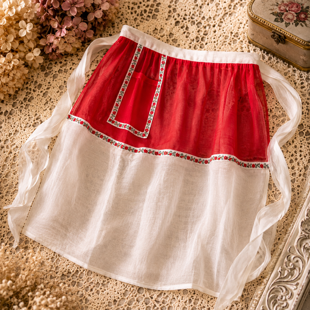 Vintage Red & White Sheer Half Apron with Heart Trim