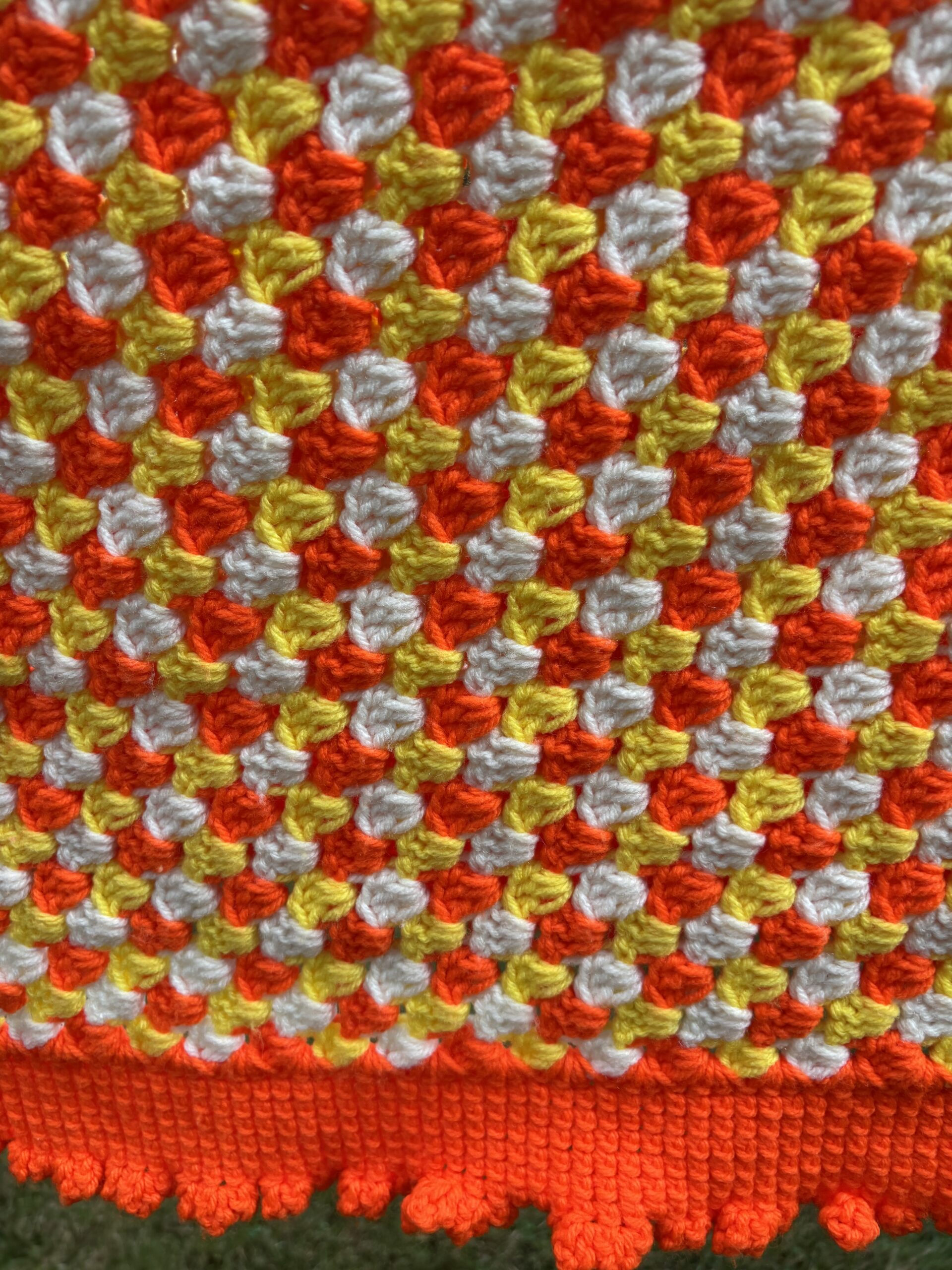 Vintage Handmade Crochet Lap Blanket – Orange, Yellow & White - Image 2