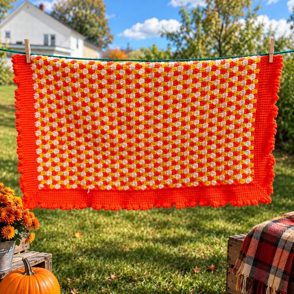 Vintage Handmade Crochet Lap Blanket – Orange, Yellow & White
