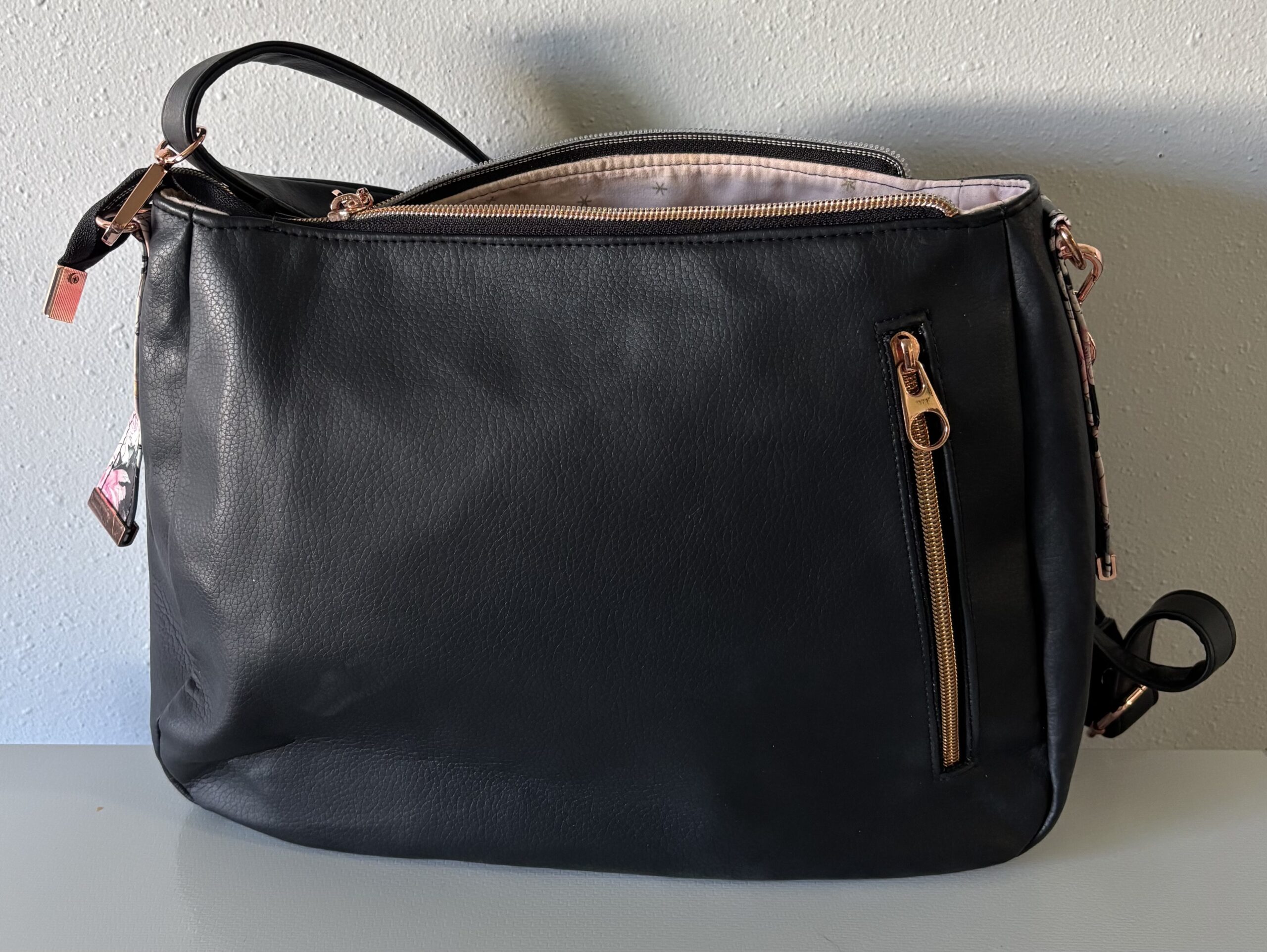 Black Floral Shoulder Bag with Rose Gold Hardware - Image 2