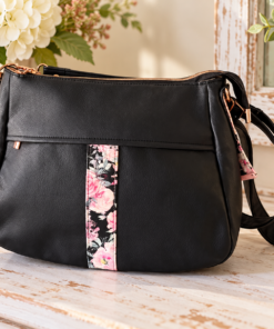 Black Floral Shoulder Bag with Rose Gold Hardware