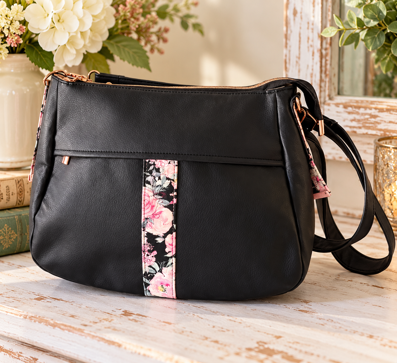 Black Floral Shoulder Bag with Rose Gold Hardware