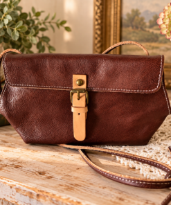 Brown Leather-Look Crossbody Satchel with Brass-Tone Hardware